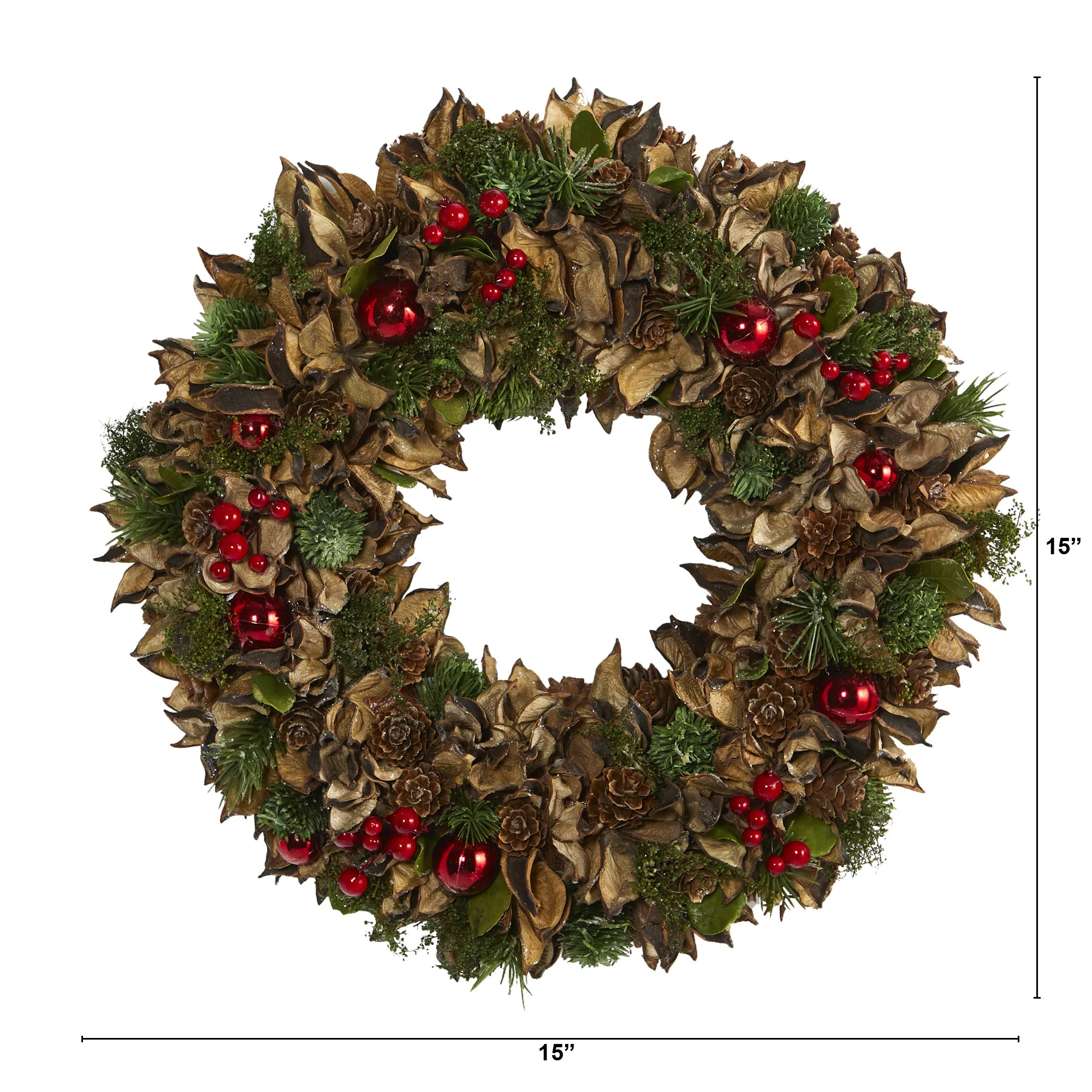 15" Holiday Artificial Wreath with Pine Cones and Ornaments