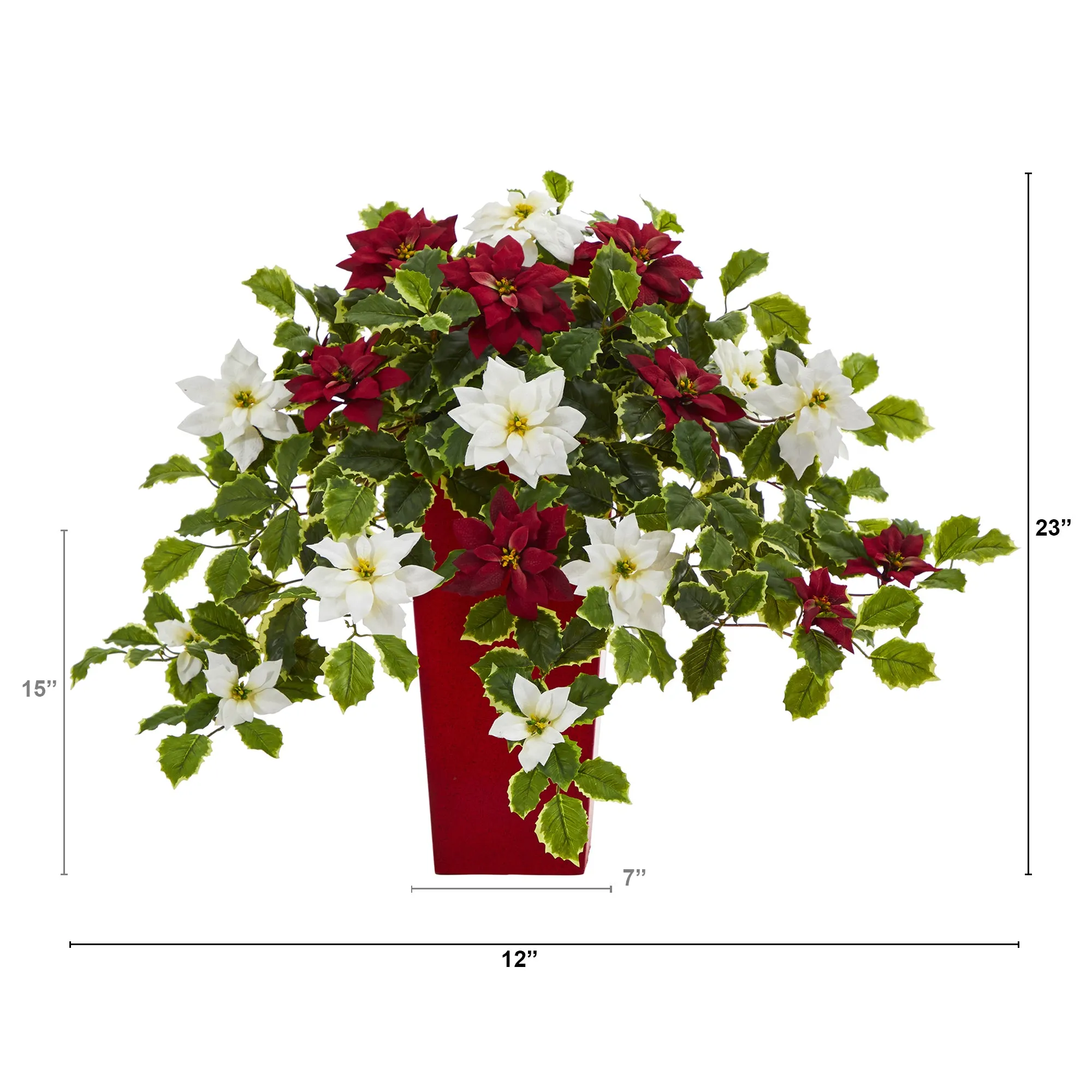 23" Artificial Poinsettia & Variegated Holly Plant in Planter (Real Touch) - Low Maintenance, Life-Like & Vibrant Silk Flowers For Busy People.