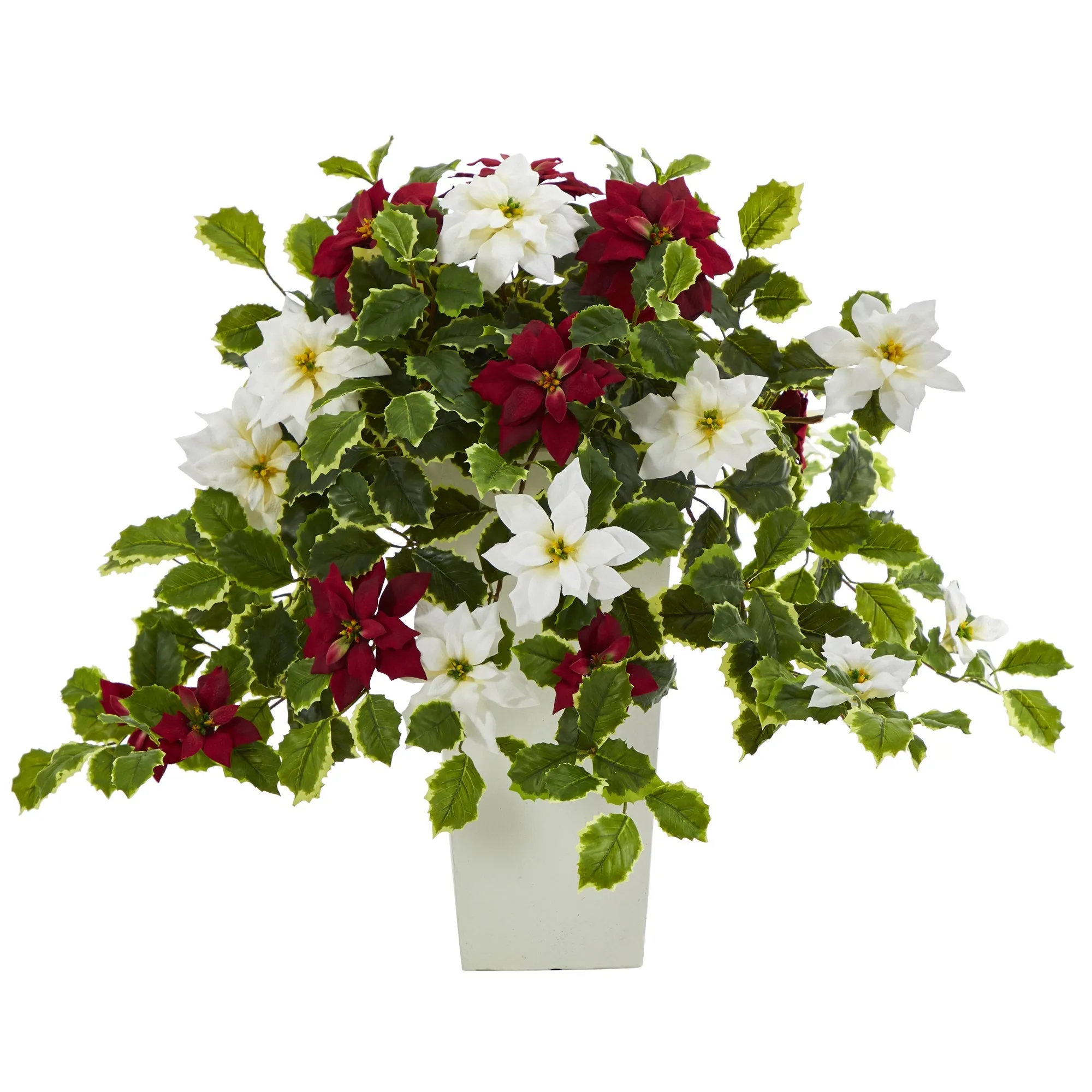 23" Artificial Poinsettia & Variegated Holly Plant in Planter (Real Touch) - Low Maintenance, Life-Like & Vibrant Silk Flowers For Busy People.