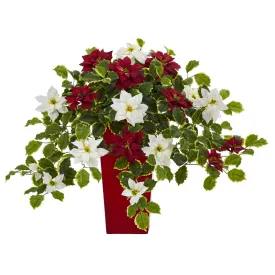 23" Artificial Poinsettia & Variegated Holly Plant in Planter (Real Touch) - Low Maintenance, Life-Like & Vibrant Silk Flowers For Busy People.