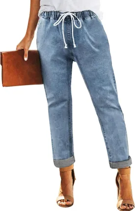 Addkaka Womens Casual Denim Jeans Pull-on Stretch Jeans Elastic Waist Jean Denim Drawstring Joggers Pants