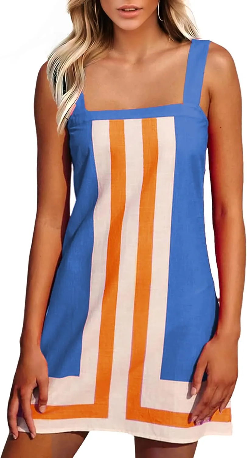 Ailoqing 2025 Women Boho Floral Mini Dress Summer Casual Color Block Beach Overall Striped Dress Coverups