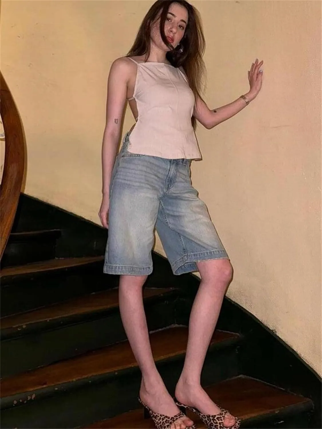 Alyweatry Y2k Loose Denim Bermuda Shorts for Women Low Rise Wide Leg Knee Length Oversized Fit Summer Jeans Shorts
