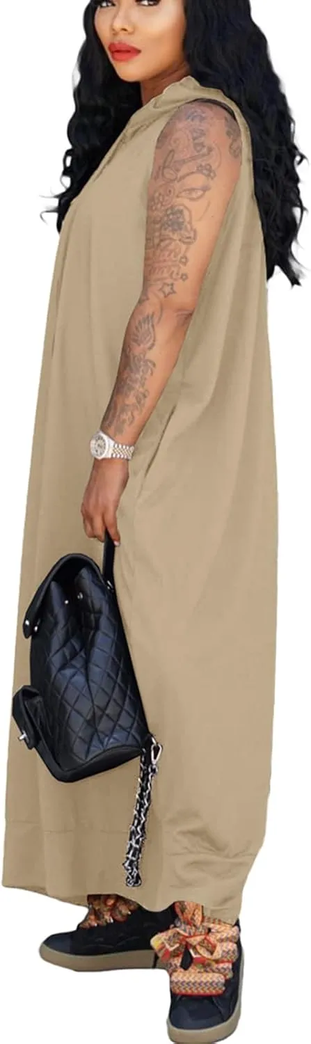 Bluewolfsea Women Casual Loose Fit Sleeveless Pullover Maxi Hoodie Dress with Pockets Side Slit Tshirt Maxi Dress