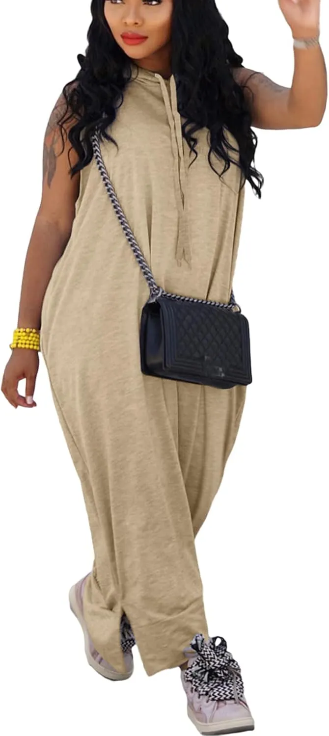 Bluewolfsea Women Casual Loose Fit Sleeveless Pullover Maxi Hoodie Dress with Pockets Side Slit Tshirt Maxi Dress