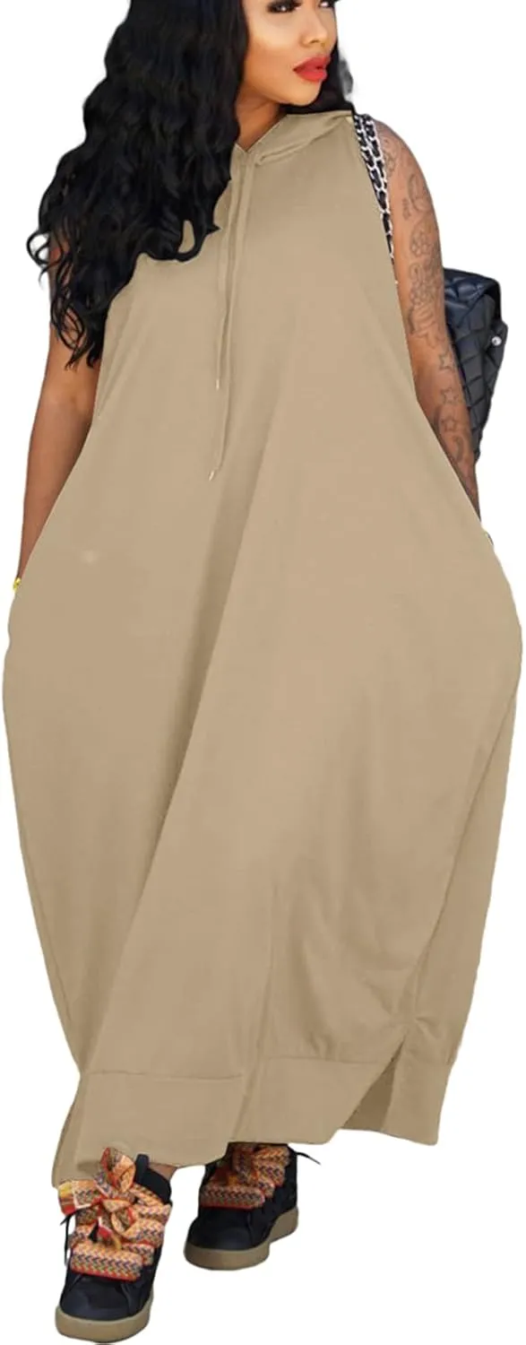 Bluewolfsea Women Casual Loose Fit Sleeveless Pullover Maxi Hoodie Dress with Pockets Side Slit Tshirt Maxi Dress