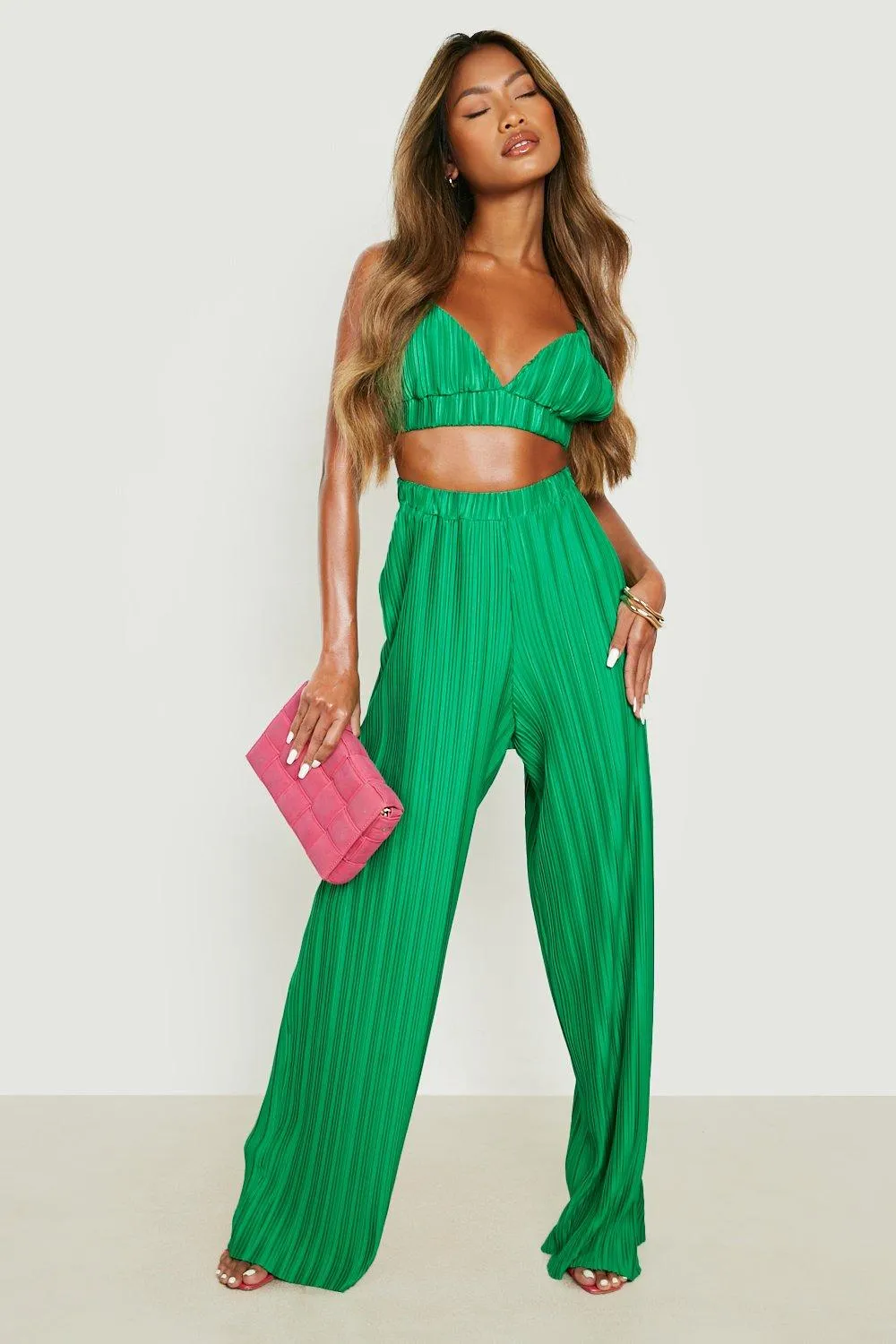 Boohoo Brulette and Wide Leg Pants Set, Green