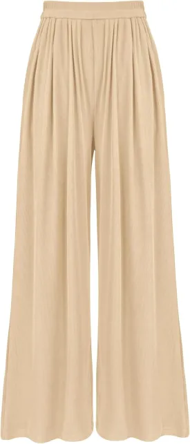 BTFBM Womens Casual Wide Leg Pants Summer Fall Clothes Pleated Elastic Waist Loose Palazzo Knit Trousers with Pockets