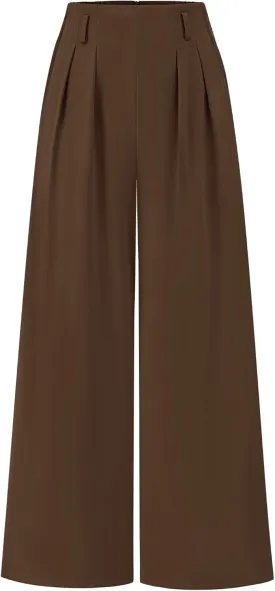 BTFBM Women's Elegant Flowy Dress Pants Front Pleated High Waisted Casual Wide Leg Loose Palazzo Trousers with Pockets