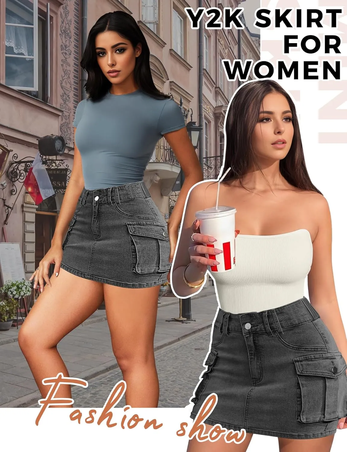 Buauty Women Denim Cargo Skirt Y2K, Mini Low Waist Jean Skirts Bodycon Flap Pockets 2025 Trendy Short