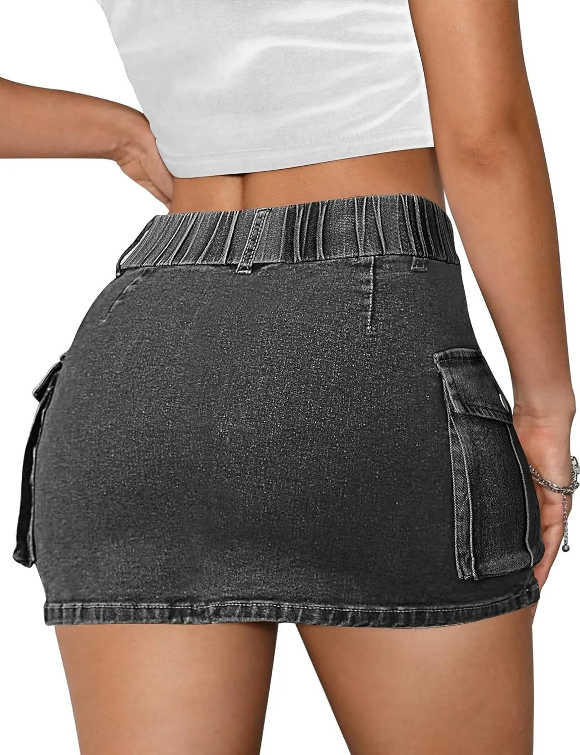 Buauty Women Denim Cargo Skirt Y2K, Mini Low Waist Jean Skirts Bodycon Flap Pockets 2025 Trendy Short