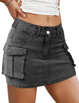 Buauty Women Denim Cargo Skirt Y2K, Mini Low Waist Jean Skirts Bodycon Flap Pockets 2025 Trendy Short