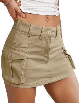 Buauty Women Denim Cargo Skirt Y2K, Mini Low Waist Jean Skirts Bodycon Flap Pockets 2025 Trendy Short