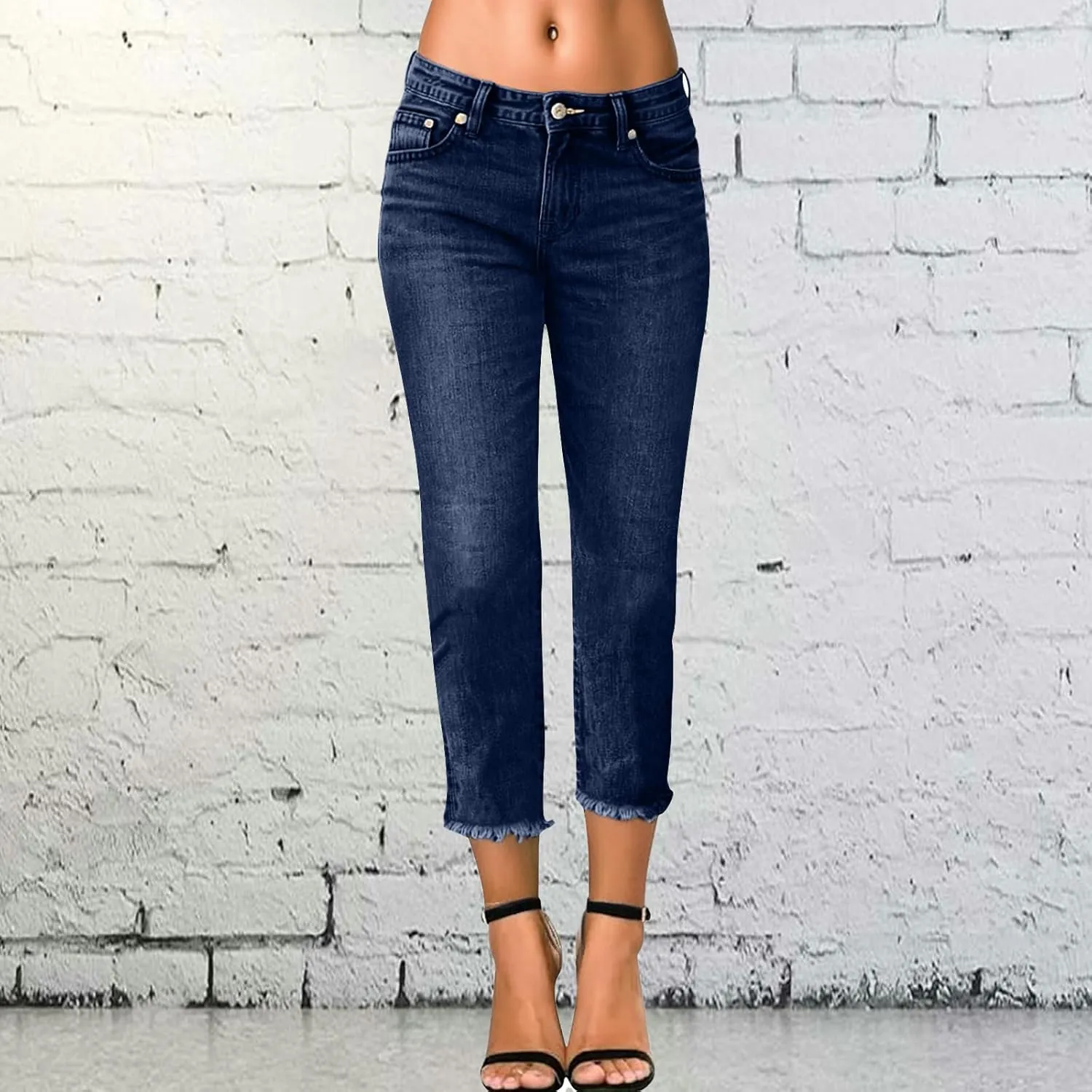 Capri Jeans for Women Stretch Crop Mid Rise Skinny Jeans Button Fly Raw Hem Curvy Dressy Straight Leg Denim Capris