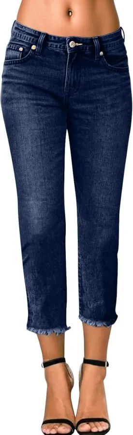 Capri Jeans for Women Stretch Crop Mid Rise Skinny Jeans Button Fly Raw Hem Curvy Dressy Straight Leg Denim Capris