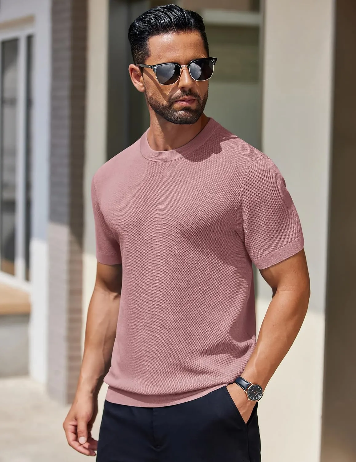 COOFANDY Men's Knit T-Shirts Short Sleeve Crewneck Shirt Casual Textured Pullover Tees