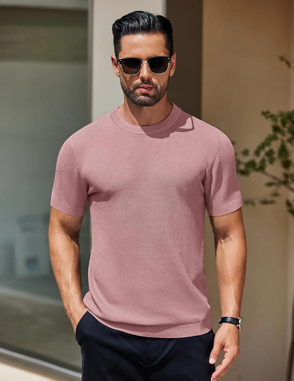 COOFANDY Men's Knit T-Shirts Short Sleeve Crewneck Shirt Casual Textured Pullover Tees