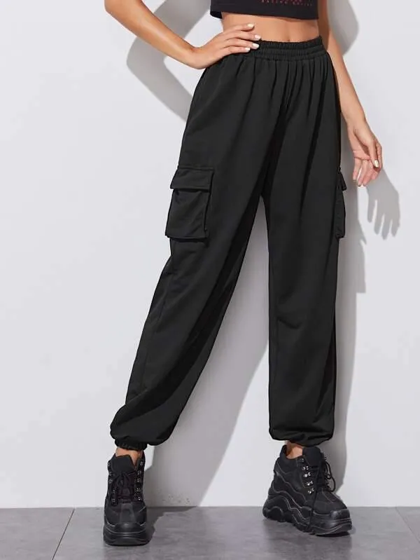 Elastic Waist Flap Pocket Cargo Pants
