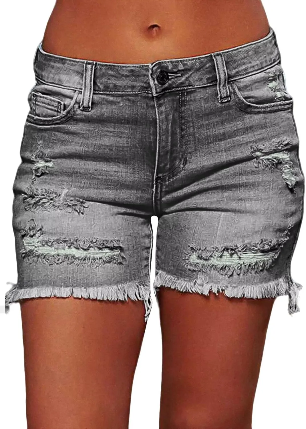 Flamingals Ripped Stretchy Jean Shorts for Women Raw Hem Mid Waist Casual Trendy Denim Shorts