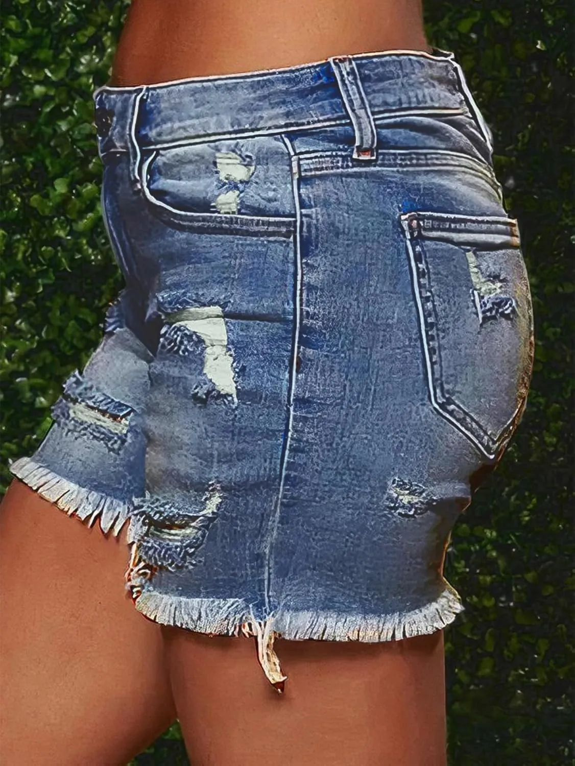Flamingals Ripped Stretchy Jean Shorts for Women Raw Hem Mid Waist Casual Trendy Denim Shorts