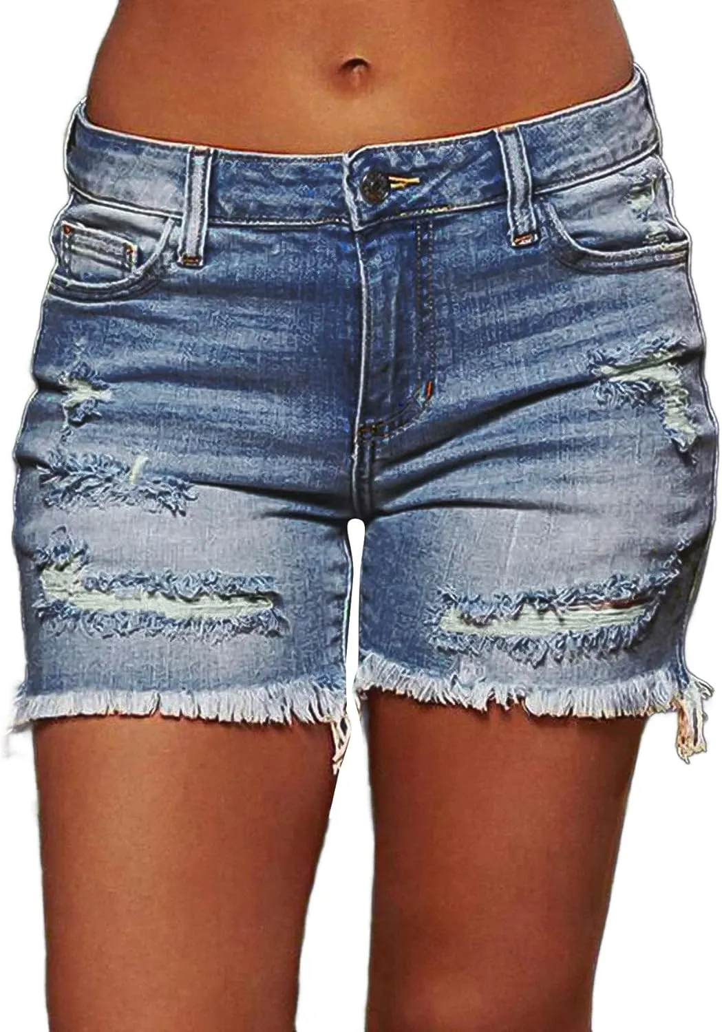 Flamingals Ripped Stretchy Jean Shorts for Women Raw Hem Mid Waist Casual Trendy Denim Shorts