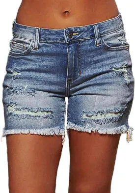 Flamingals Ripped Stretchy Jean Shorts for Women Raw Hem Mid Waist Casual Trendy Denim Shorts