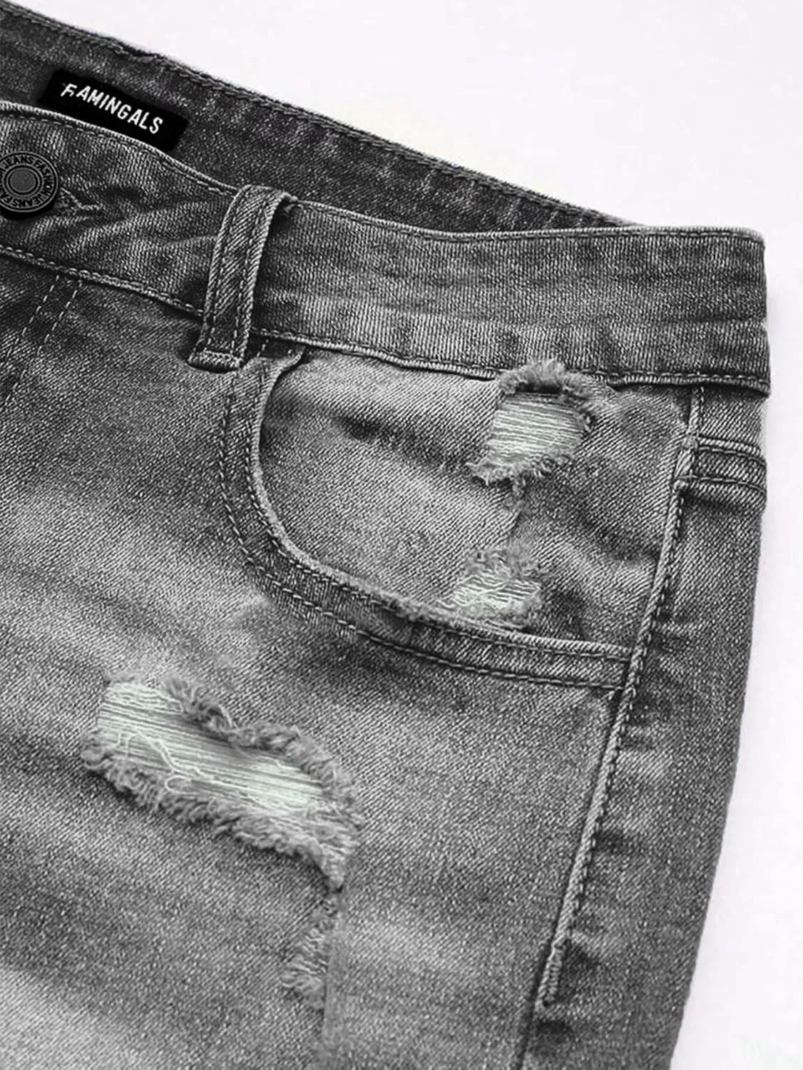 Flamingals Ripped Stretchy Jean Shorts for Women Raw Hem Mid Waist Casual Trendy Denim Shorts