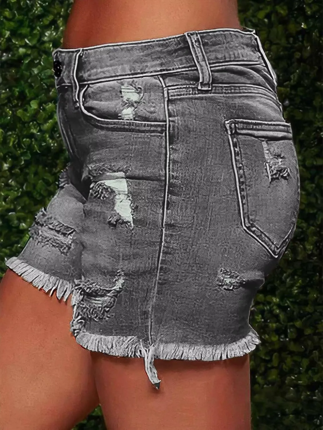 Flamingals Ripped Stretchy Jean Shorts for Women Raw Hem Mid Waist Casual Trendy Denim Shorts