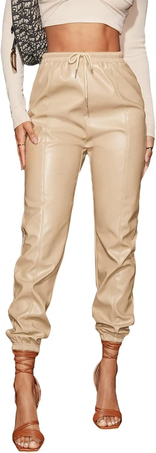 Floerns Women's Drawstring High Waisted Cropped Tapered Pu Leather Pants