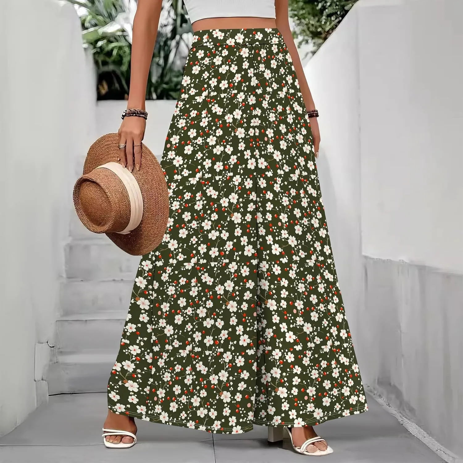 Floral Pants for Women Chinese Style Palazzo Pants High Waist Wide Leg Trousers Causal Summer Holiday Trousers
