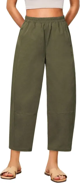 GRAPENT Wide Leg Pants Woman High Waisted Trendy Cropped Barrel Pull On Baggy Elastic Waist Loose Fit Pants with Pockets