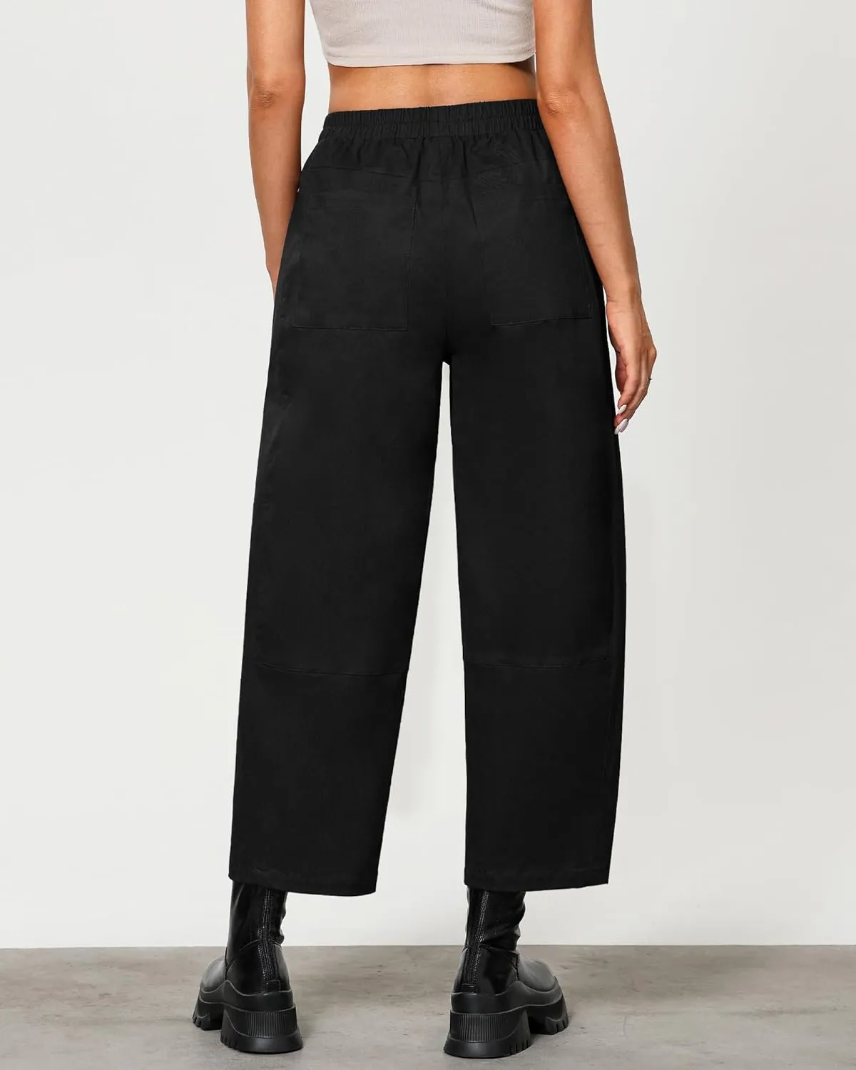GRAPENT Wide Leg Pants Woman High Waisted Trendy Cropped Barrel Pull On Baggy Elastic Waist Loose Fit Pants with Pockets