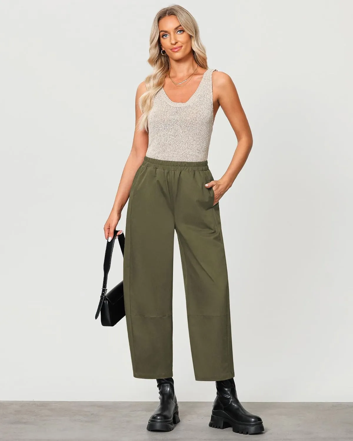 GRAPENT Wide Leg Pants Woman High Waisted Trendy Cropped Barrel Pull On Baggy Elastic Waist Loose Fit Pants with Pockets