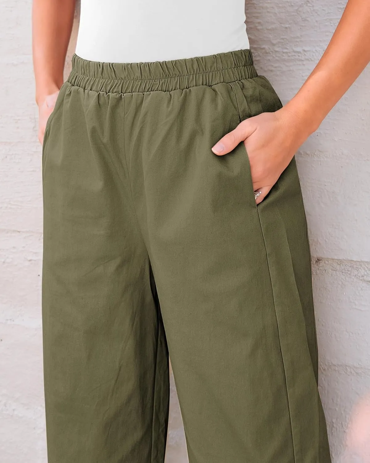 GRAPENT Wide Leg Pants Woman High Waisted Trendy Cropped Barrel Pull On Baggy Elastic Waist Loose Fit Pants with Pockets