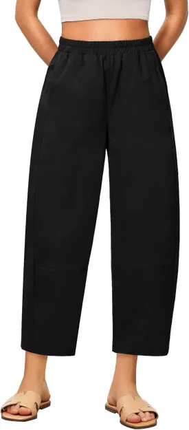 GRAPENT Wide Leg Pants Woman High Waisted Trendy Cropped Barrel Pull On Baggy Elastic Waist Loose Fit Pants with Pockets