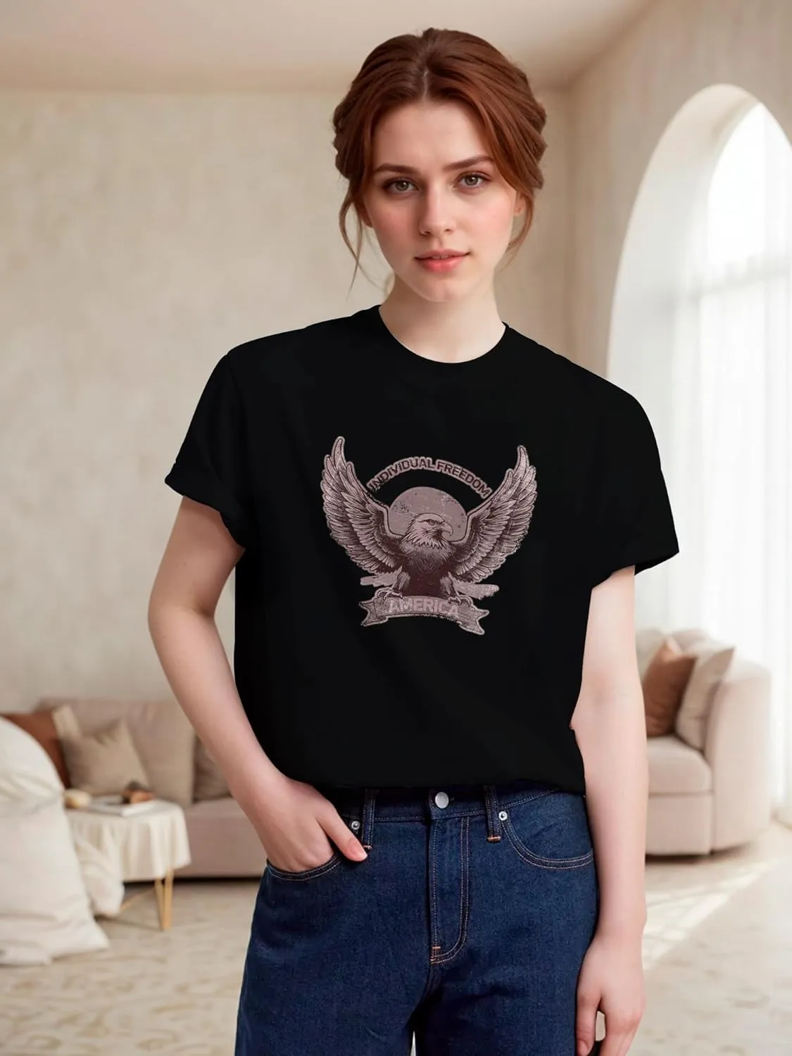Graphic Tee Women Flower Top Eagle Men Humorous Kawaii Life is Good Floral 100% Cotton T-Shirt