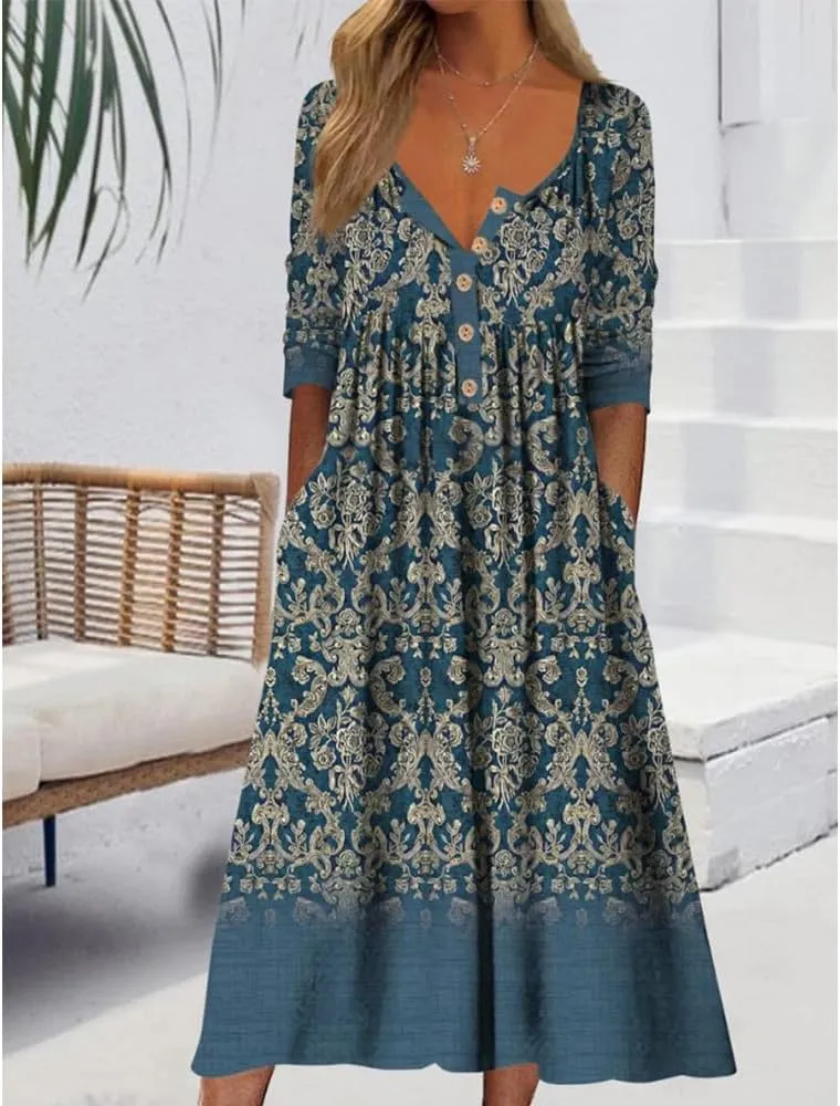Guteidee Women's Boho Floral Long Sleeve Midi Dress Casual Loose Flowy Vacation Dresses with Pockets