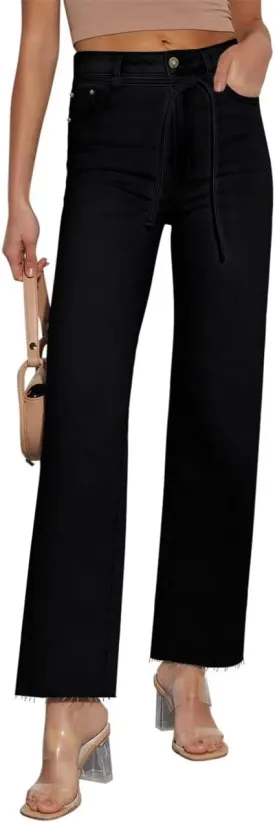 KDF Straight Leg Jeans for Women High Waisted Jeans Frayed Baggy Pants Raw Hem Loose Stretchy Cropped Wide Leg Jeans