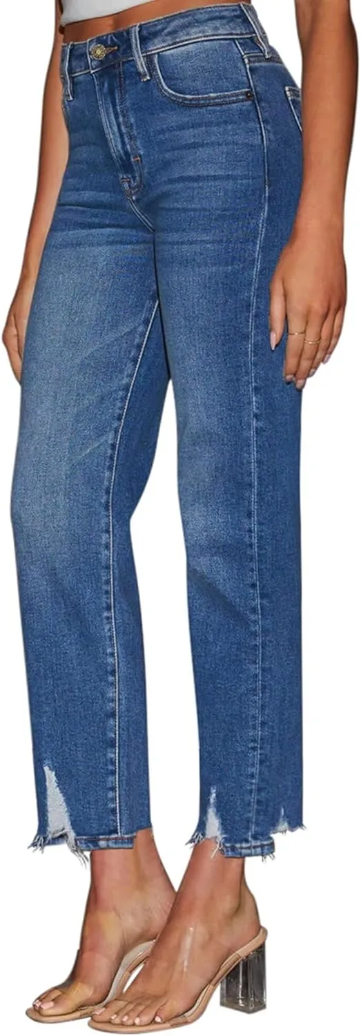 KDF Women's Cropped Straight Leg Jeans - High Waisted Jeans for Women 7/8 Length Denim Pants with Crop Hem