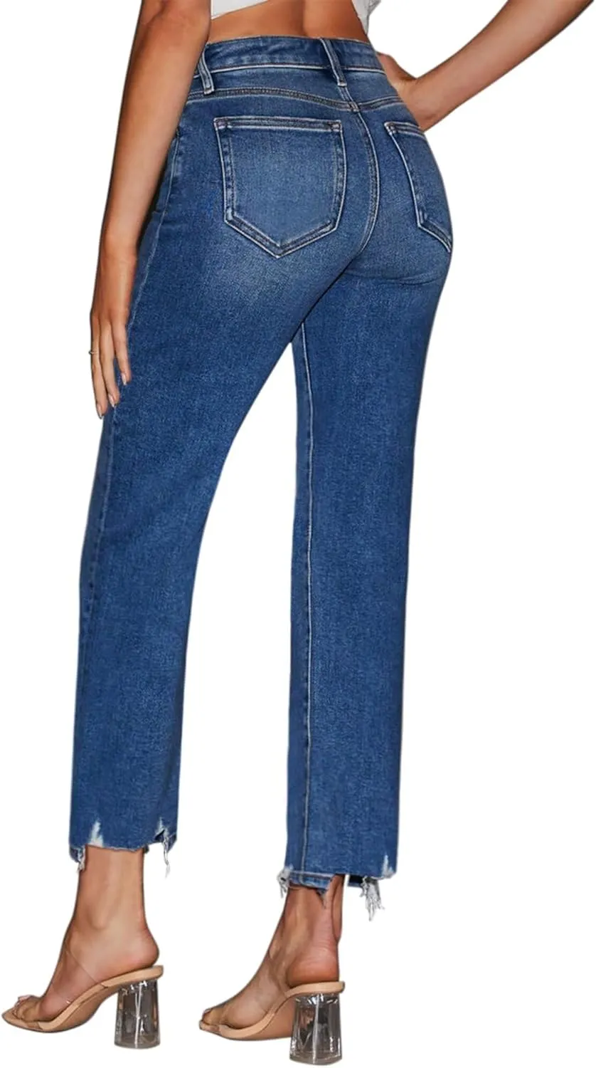 KDF Women's Cropped Straight Leg Jeans - High Waisted Jeans for Women 7/8 Length Denim Pants with Crop Hem