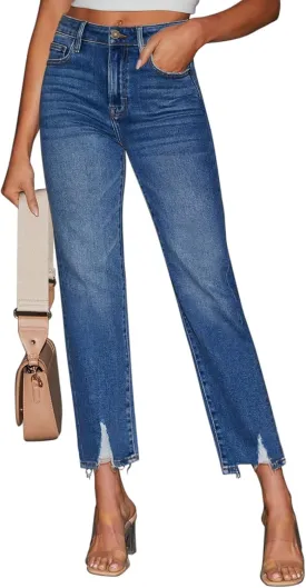 KDF Women's Cropped Straight Leg Jeans - High Waisted Jeans for Women 7/8 Length Denim Pants with Crop Hem