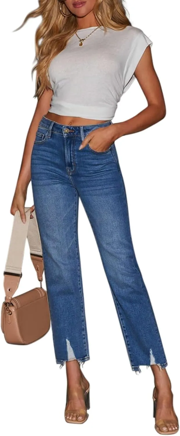 KDF Women's Cropped Straight Leg Jeans - High Waisted Jeans for Women 7/8 Length Denim Pants with Crop Hem