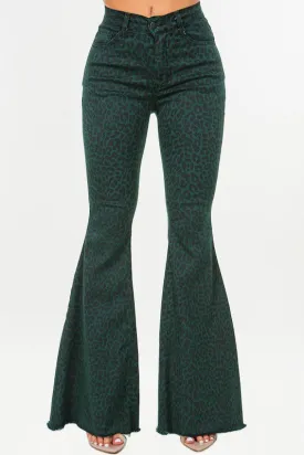 Leopard Print Bell Bottom Jean in Pine Green