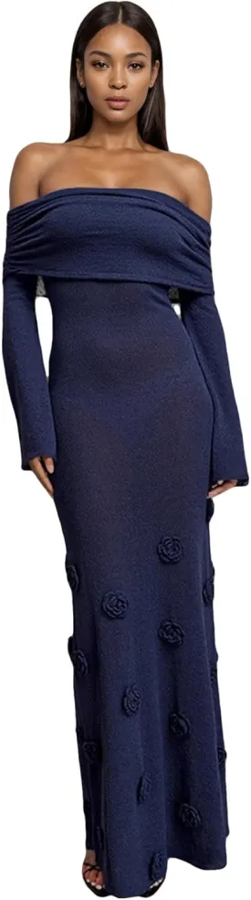 LETSVDO Women's Off The Shoulder Crochet Maxi Dress Long Sleeve Bodycon 3D Floral Knit Mesh Sweater Sexy Party Dresses