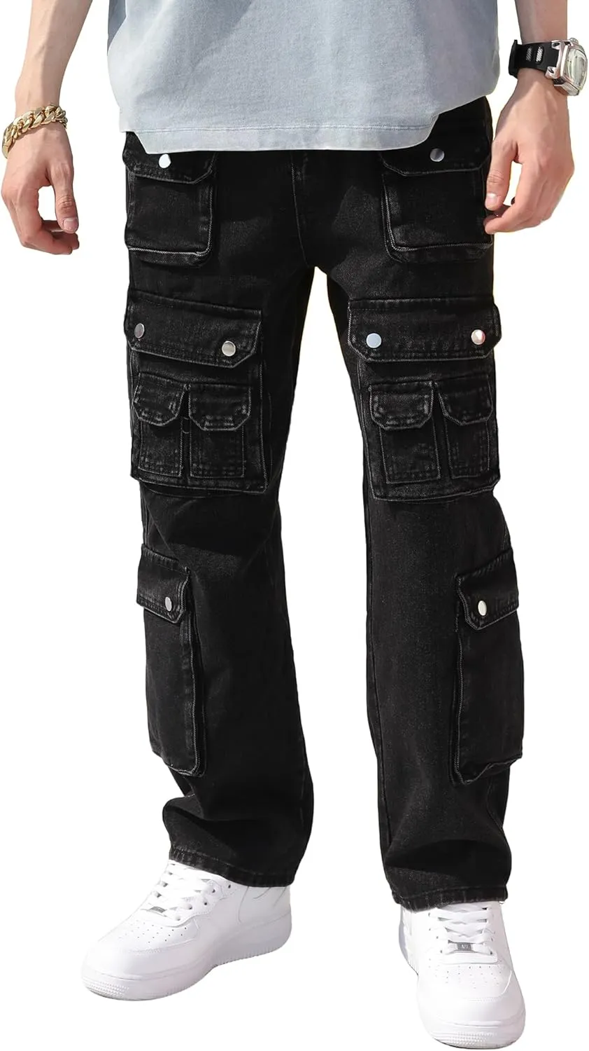 Mens Baggy Cargo Jeans Wide Leg Streetwear Jeans Loose Fit Hip Hop Denim Pants