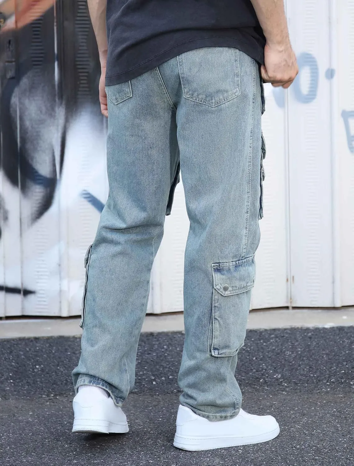 Mens Baggy Cargo Jeans Wide Leg Streetwear Jeans Loose Fit Hip Hop Denim Pants