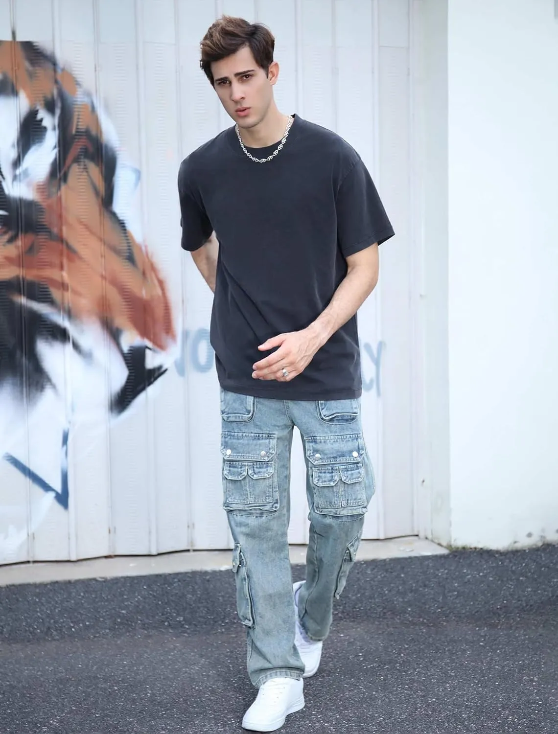 Mens Baggy Cargo Jeans Wide Leg Streetwear Jeans Loose Fit Hip Hop Denim Pants