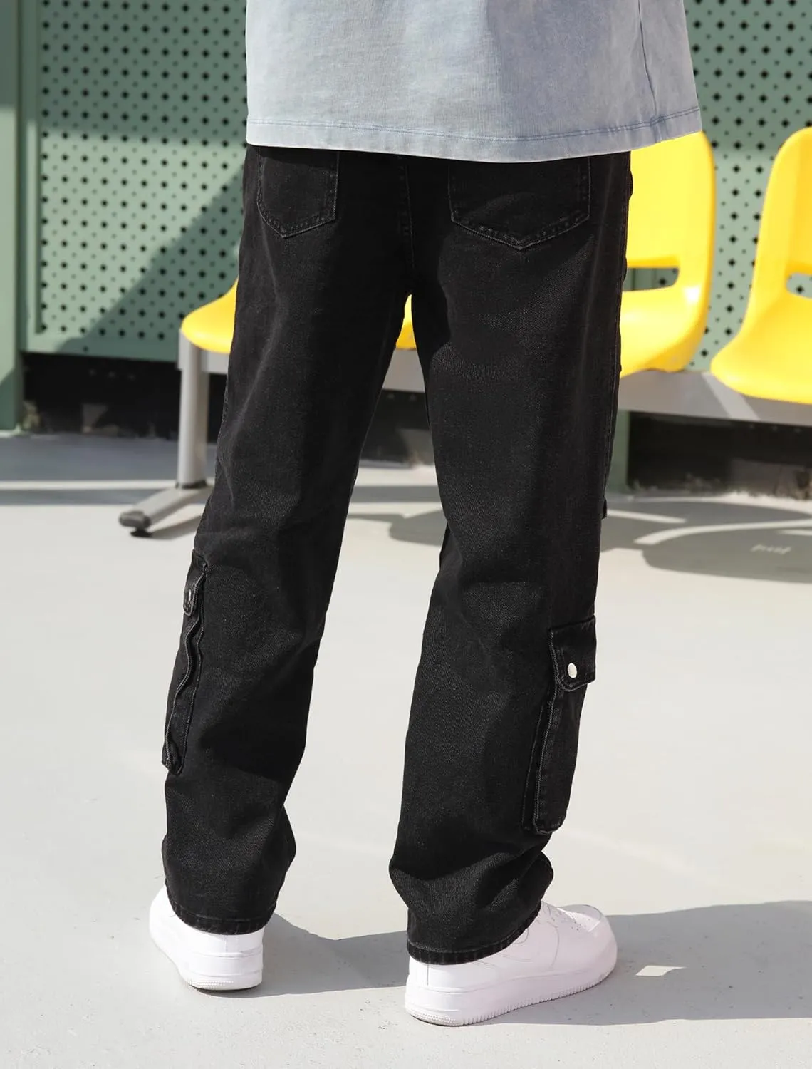 Mens Baggy Cargo Jeans Wide Leg Streetwear Jeans Loose Fit Hip Hop Denim Pants