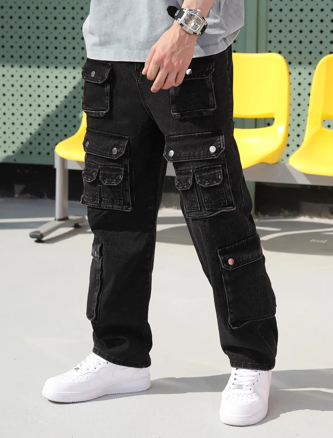 Mens Baggy Cargo Jeans Wide Leg Streetwear Jeans Loose Fit Hip Hop Denim Pants