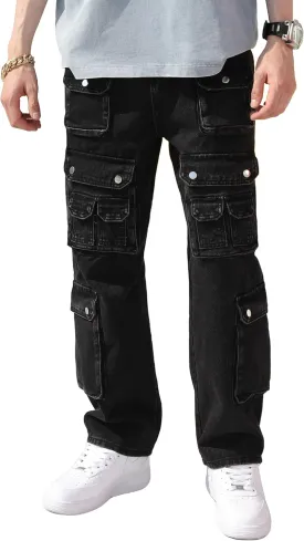 Mens Baggy Cargo Jeans Wide Leg Streetwear Jeans Loose Fit Hip Hop Denim Pants